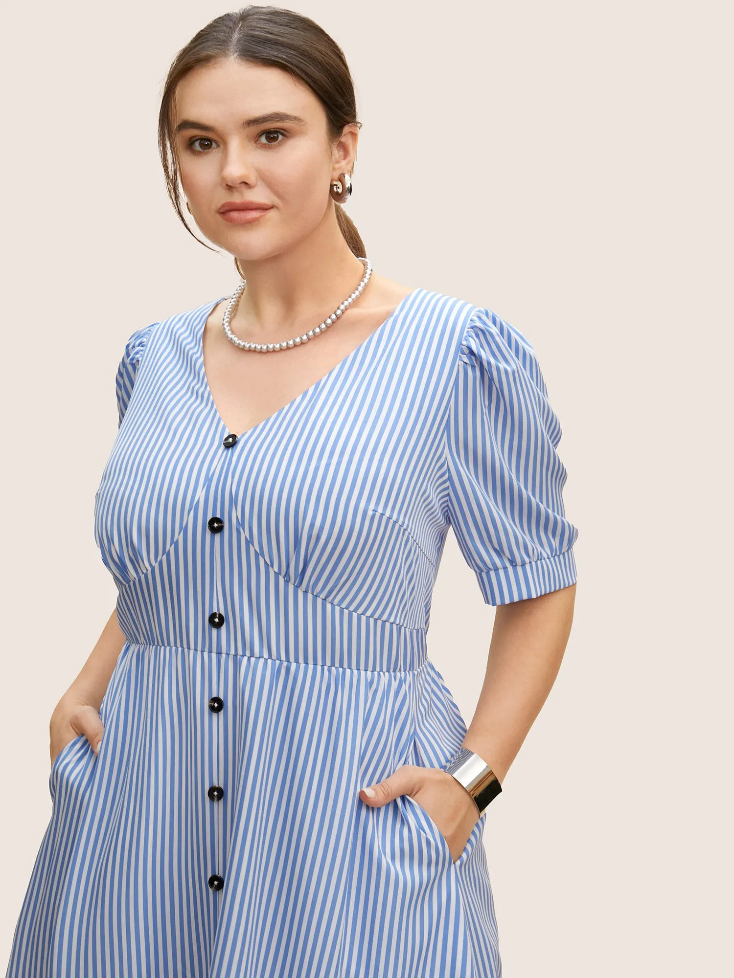 Striped Puff Sleeve Button Detail Midi Dress sold by Bloomchic product image thumbnail 2