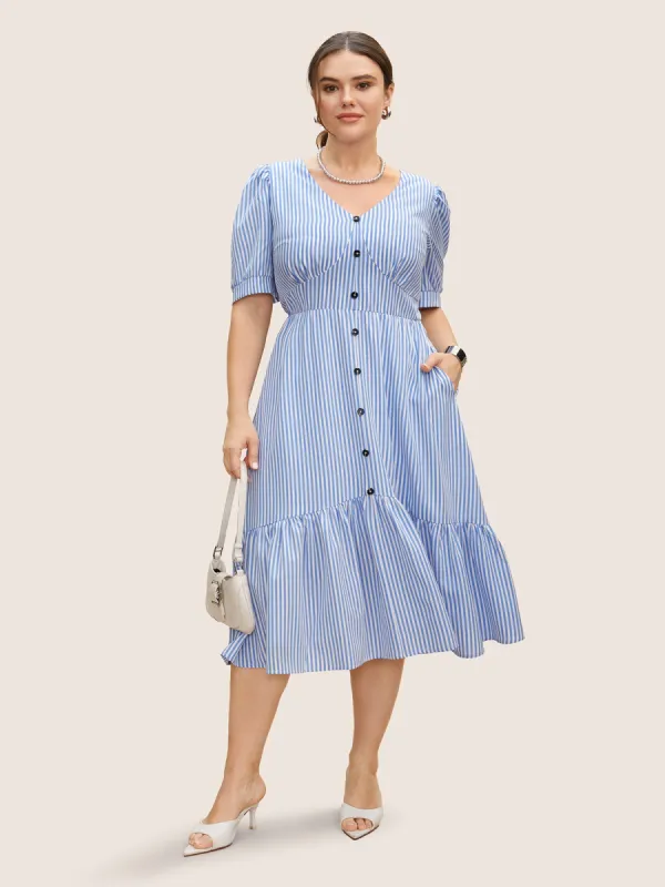 Striped Puff Sleeve Button Detail Midi Dress sold by Bloomchic