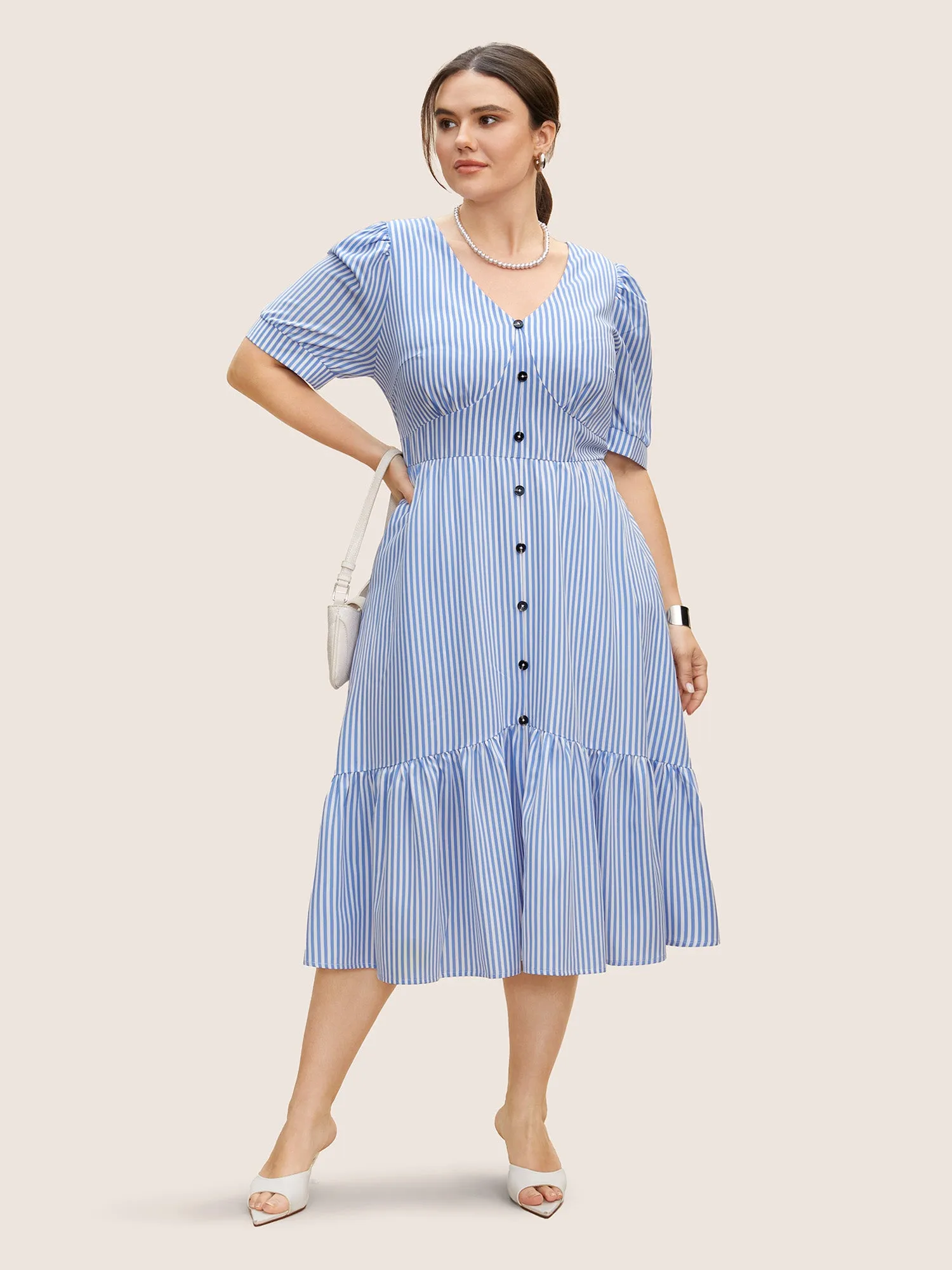 Striped Puff Sleeve Button Detail Midi Dress sold by Bloomchic product image thumbnail 3