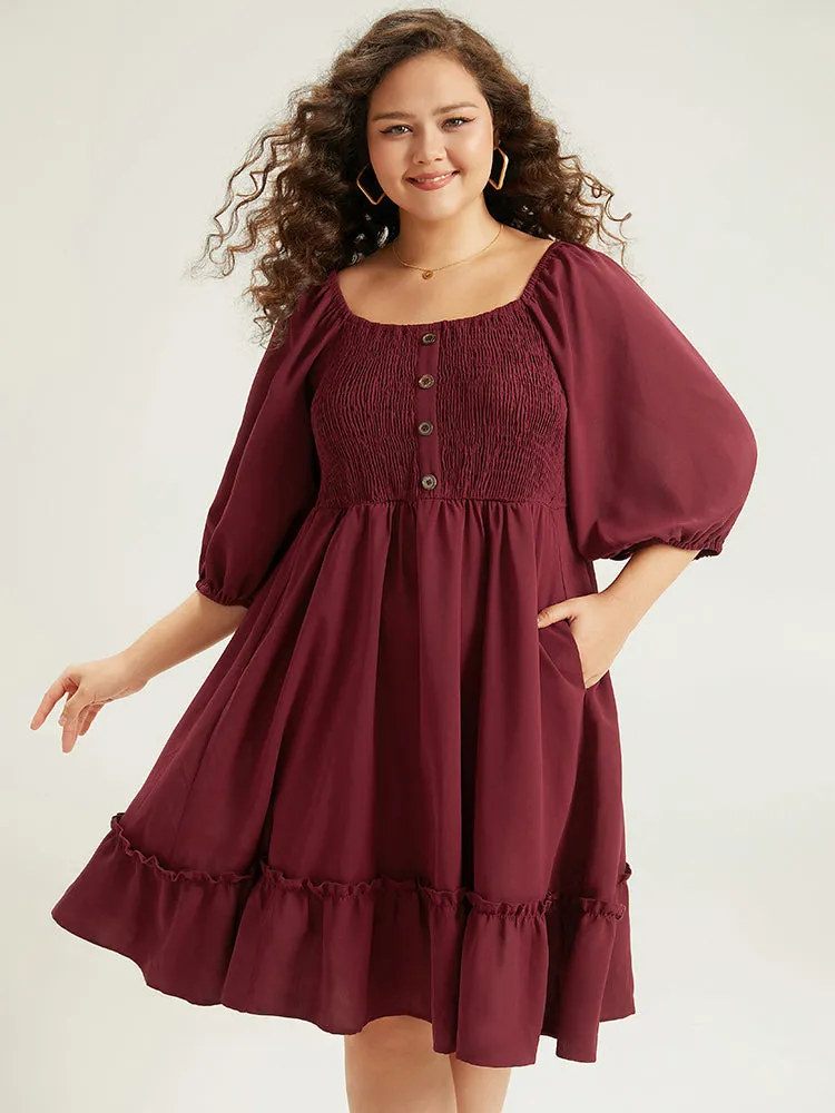 Shirred Pocket Button Detail Frill Trim Dress sold by Bloomchic