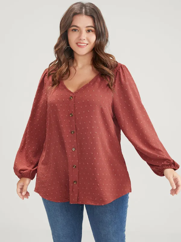 Solid Button Lantern Sleeve V Neck Blouse sold by Bloomchic