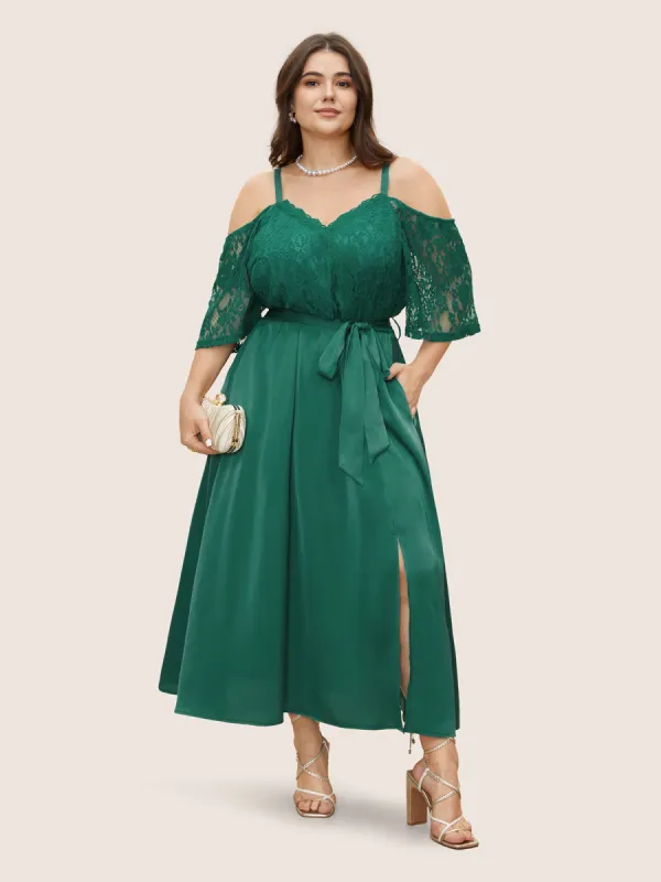 Crochet Lace Mesh Cold Shoulder Dress sold by Bloomchic