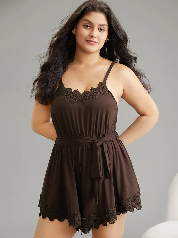 Lace Panel Belted Adjustable Straps Sleep Dress sold by Bloomchic