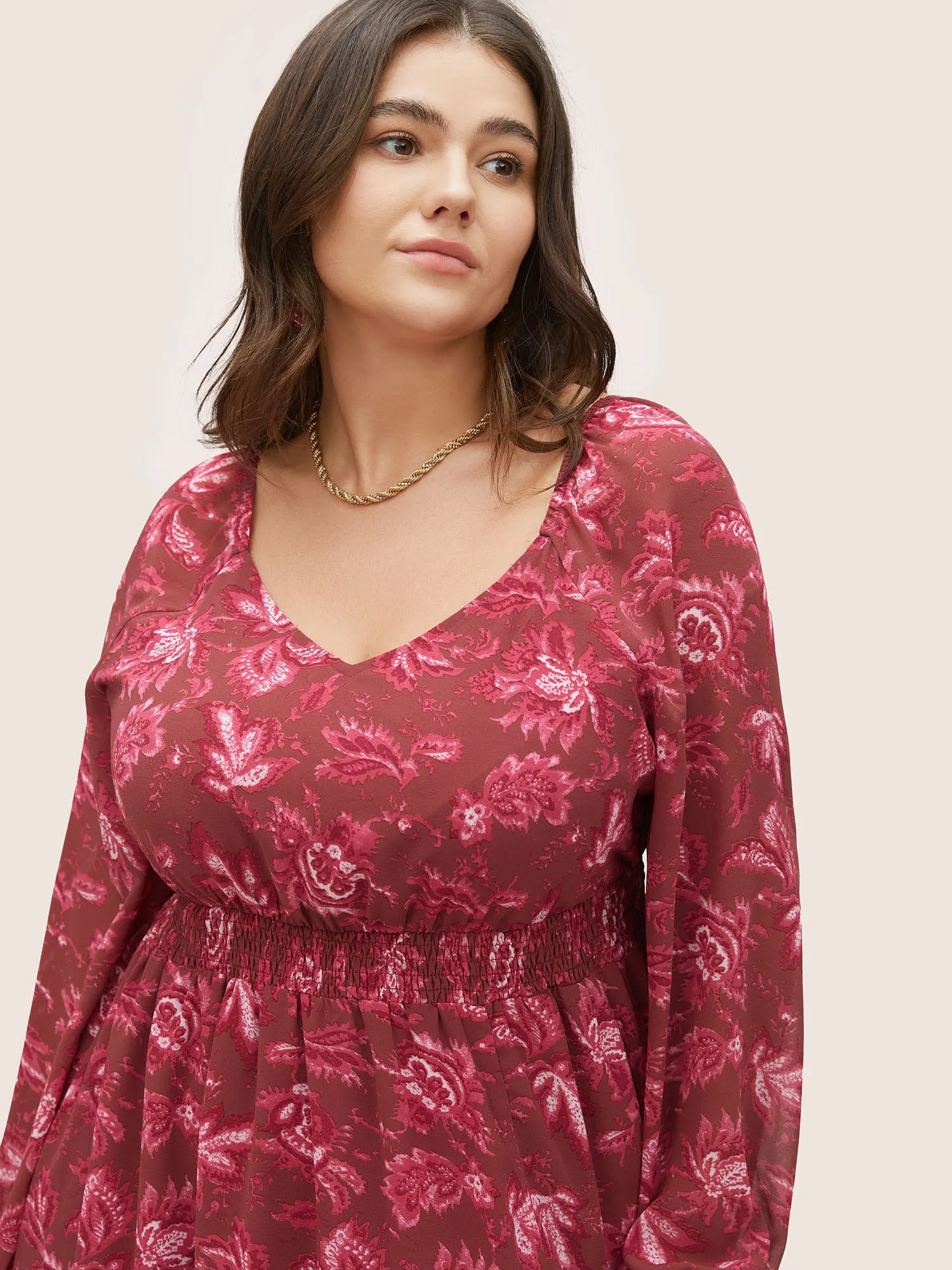 Square Neck Floral Shirred Gathered Mesh Dress sold by Bloomchic product image thumbnail 4