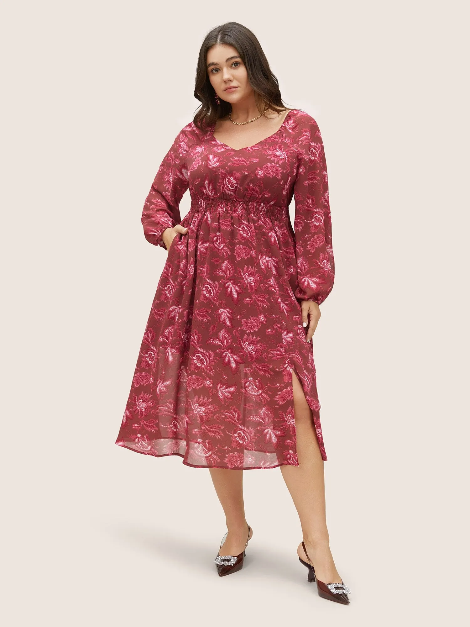 Square Neck Floral Shirred Gathered Mesh Dress sold by Bloomchic