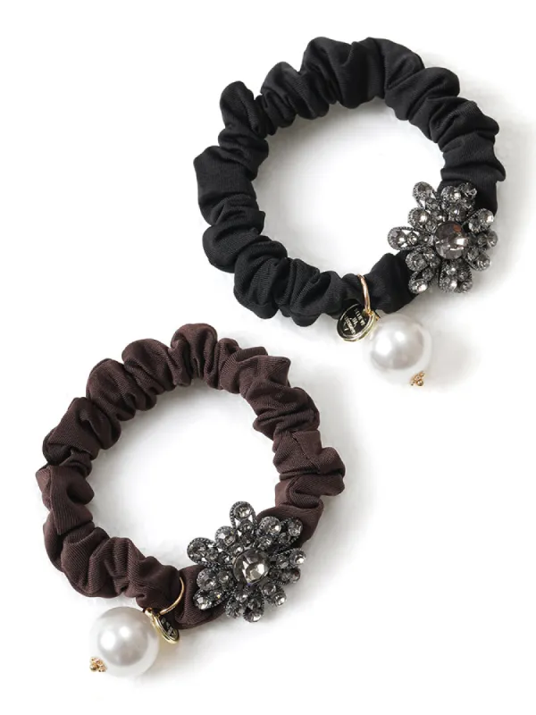 2pcs Velvet Floral Rhinestone Pearl Beaded Hair Ties sold by Bloomchic