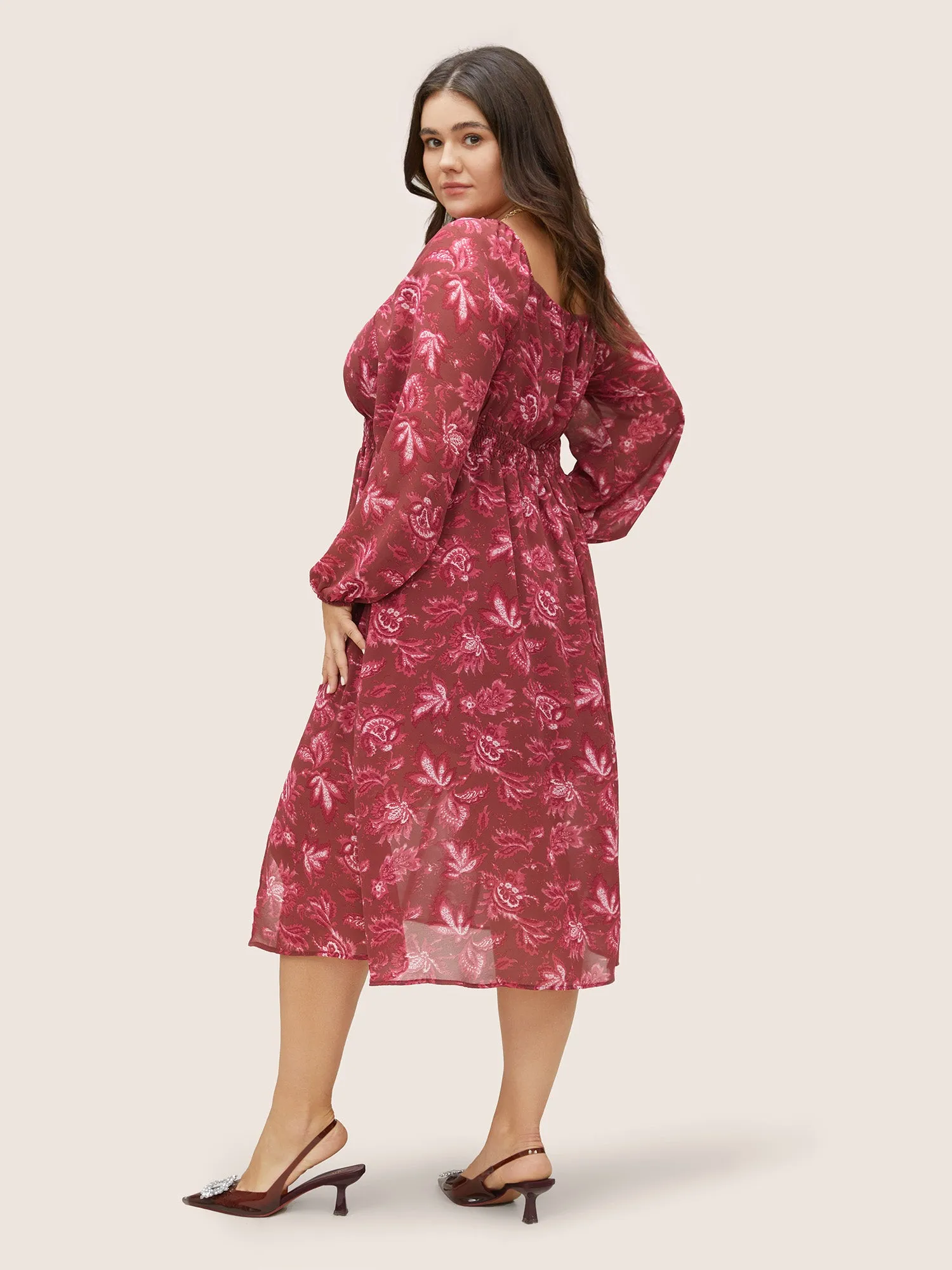 Square Neck Floral Shirred Gathered Mesh Dress sold by Bloomchic product image thumbnail 3