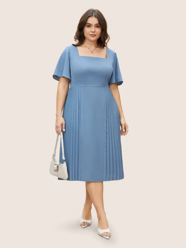 Square Neck Plain Pleated Ruffle Sleeve Dress sold by Bloomchic