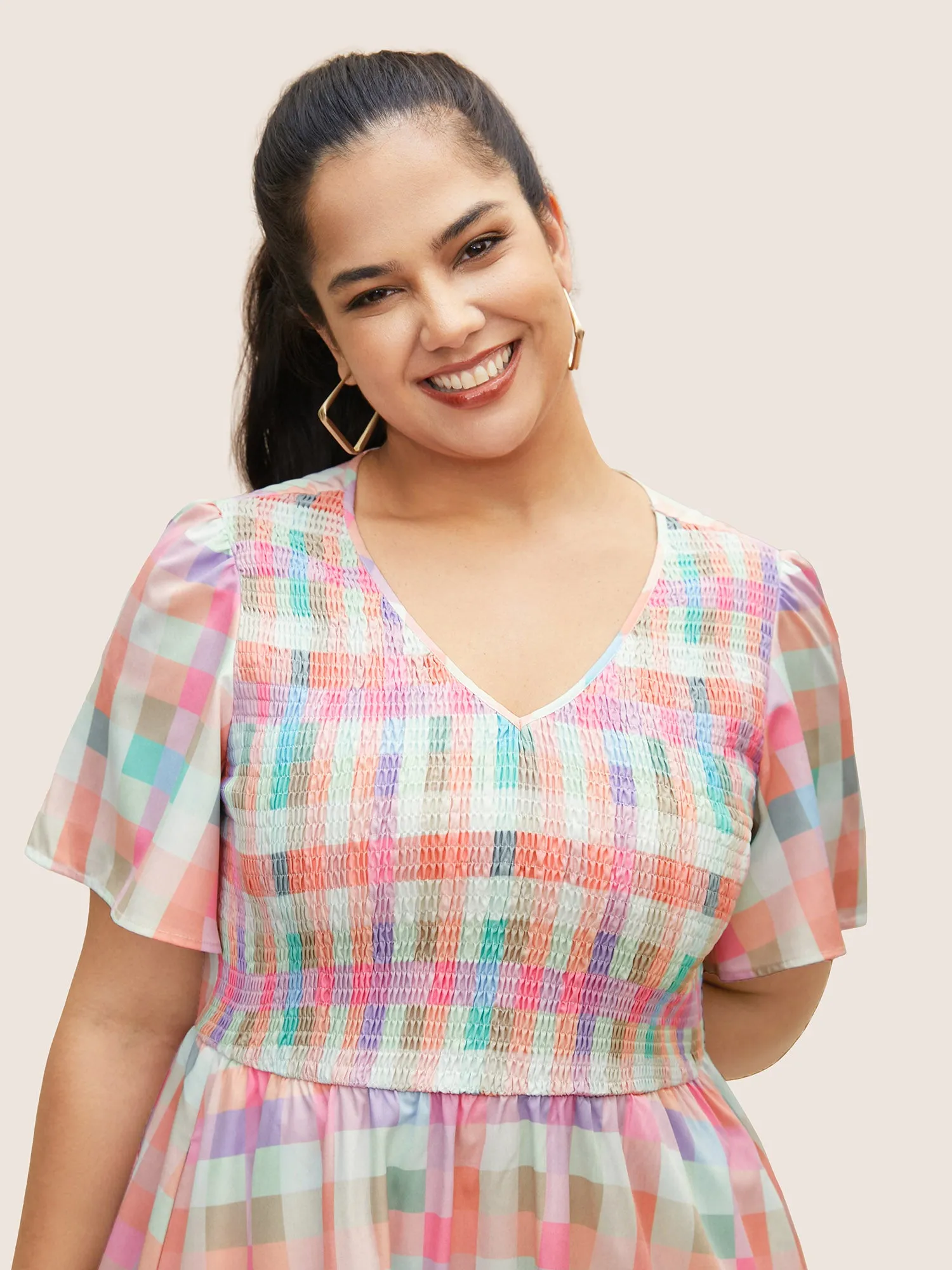 Colored Gingham Shirred Elastic Waist Maxi Dress sold by Bloomchic product image thumbnail 4