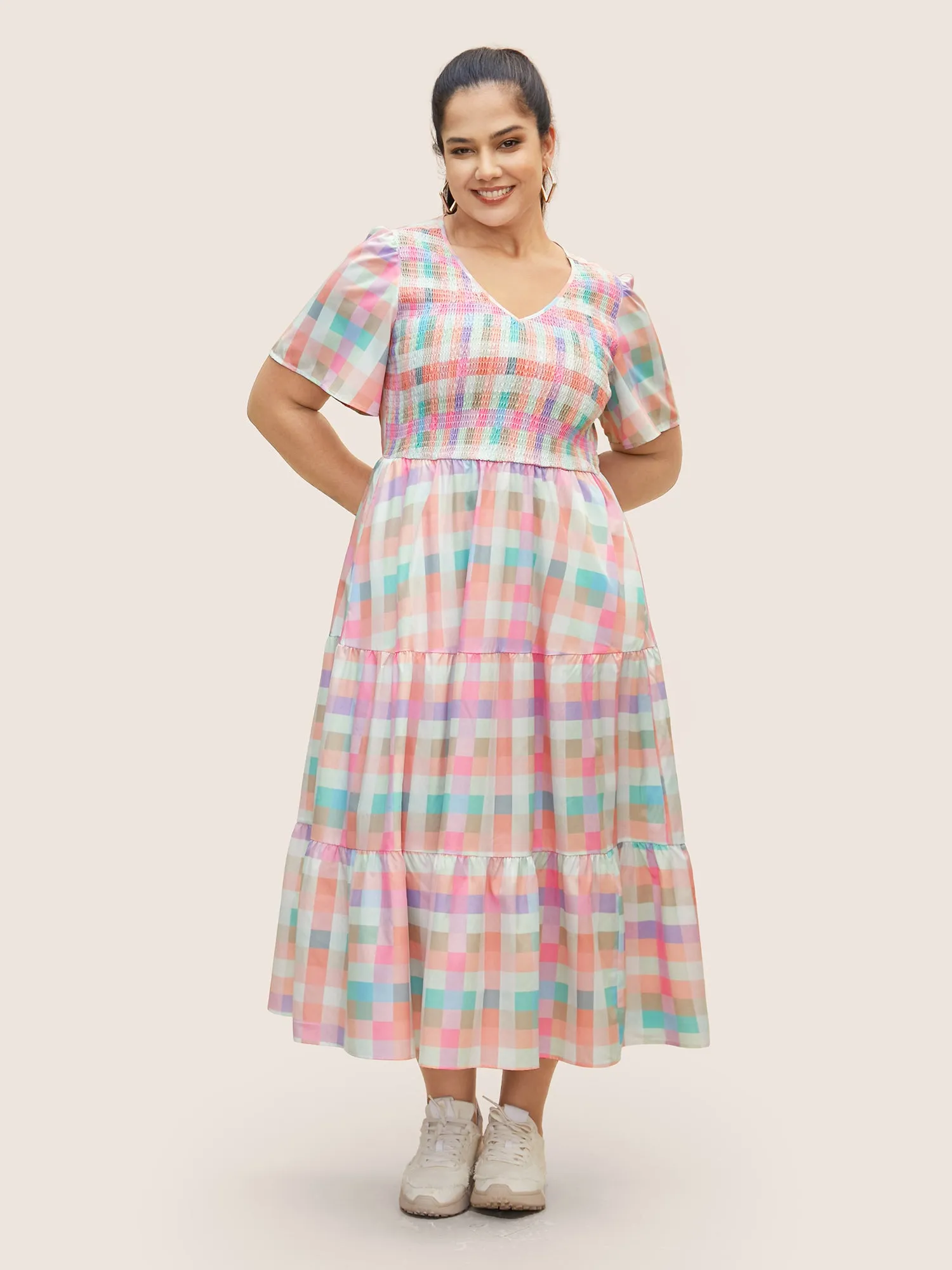 Colored Gingham Shirred Elastic Waist Maxi Dress sold by Bloomchic product image thumbnail 3