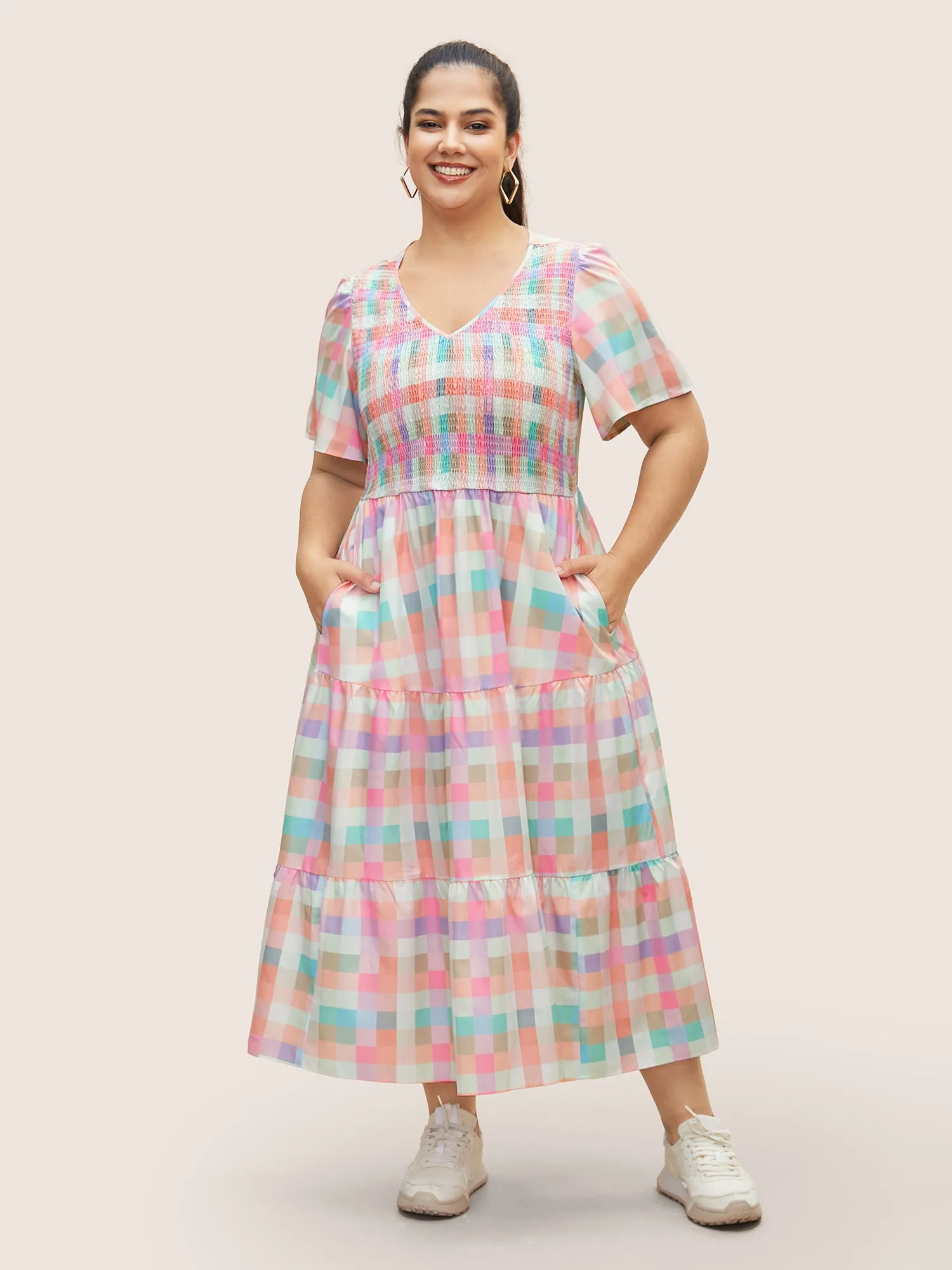 Colored Gingham Shirred Elastic Waist Maxi Dress sold by Bloomchic