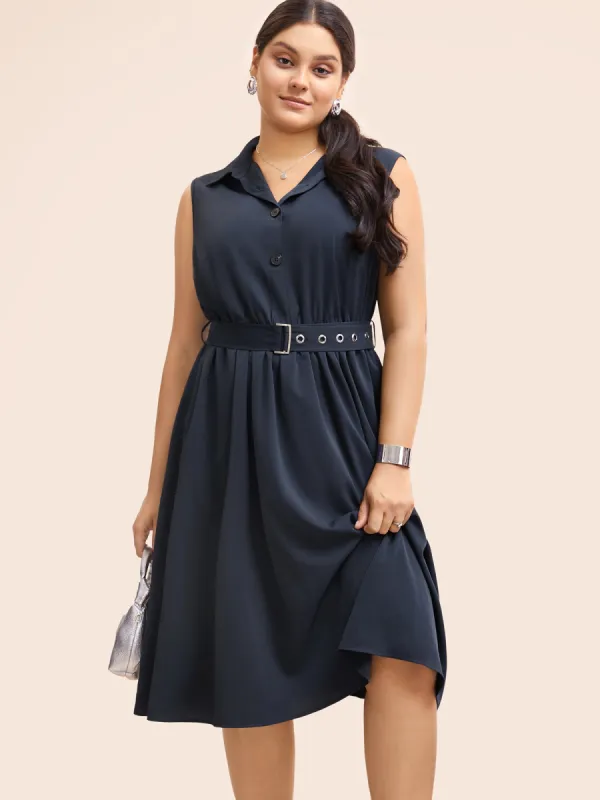 Shirt Collar Gathered Sleeveless Belted Dress sold by Bloomchic