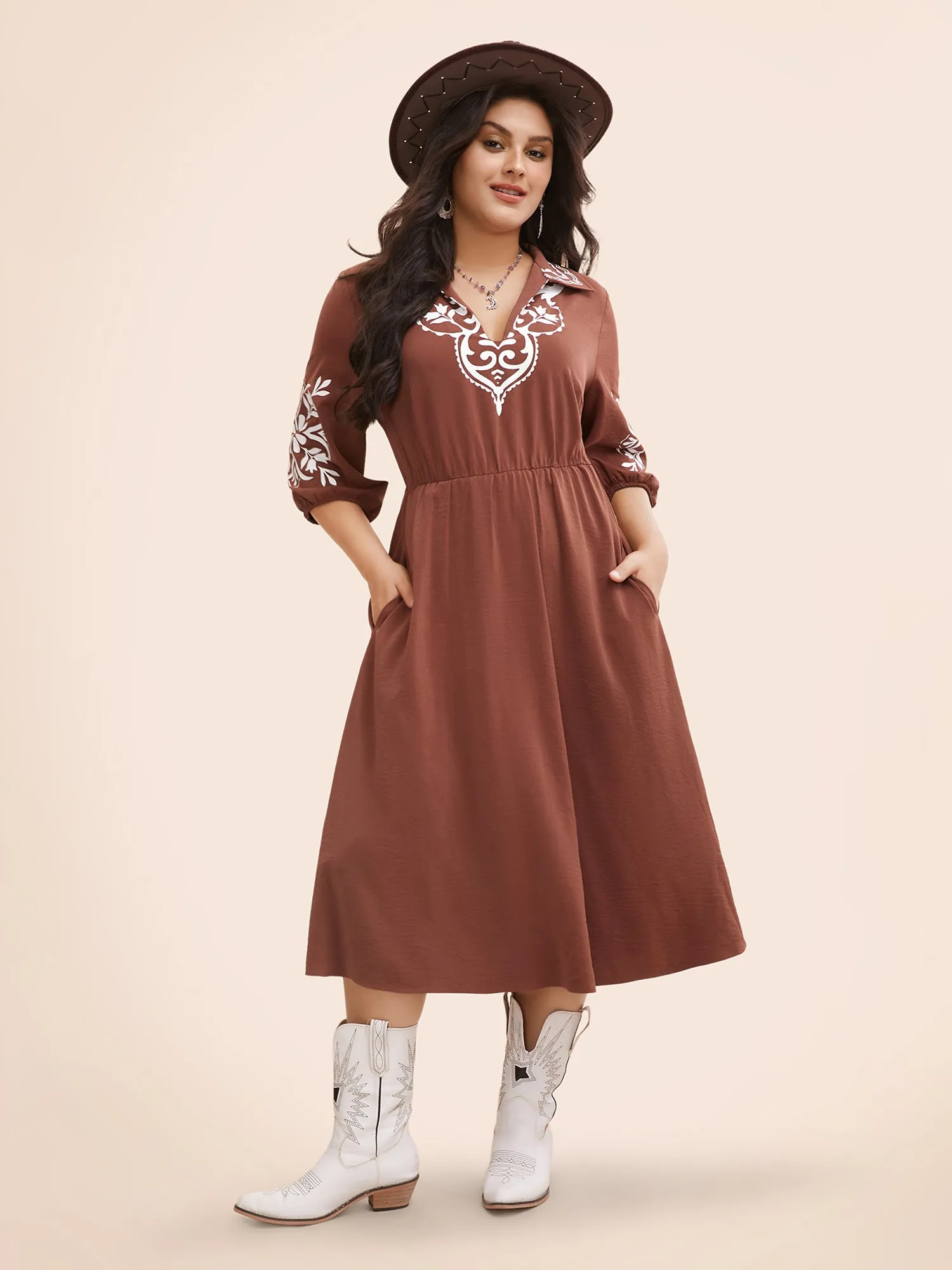 Precision Printing Waist-Cinching Midi Dress sold by Bloomchic