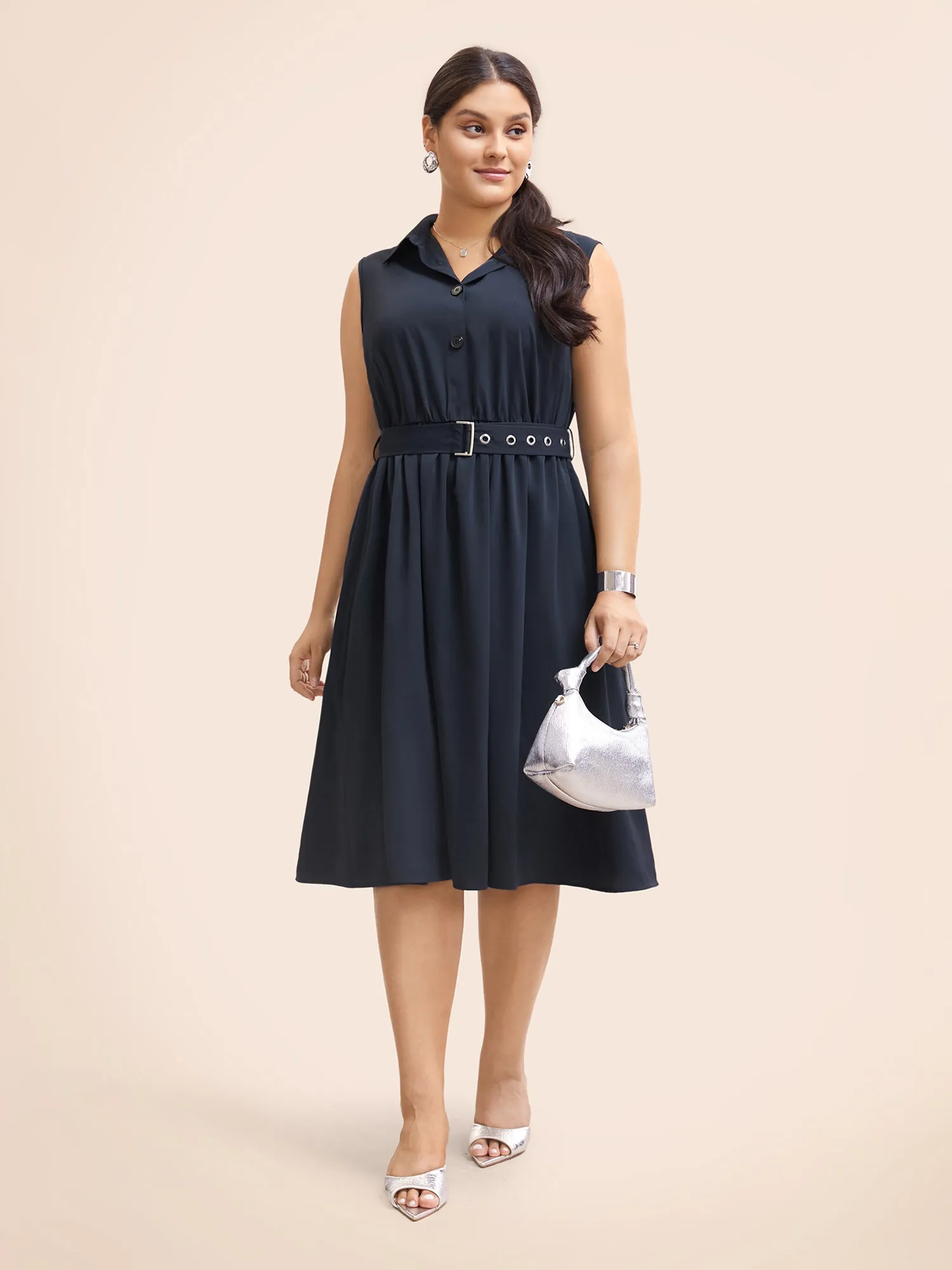 Shirt Collar Gathered Sleeveless Belted Dress sold by Bloomchic product image thumbnail 3