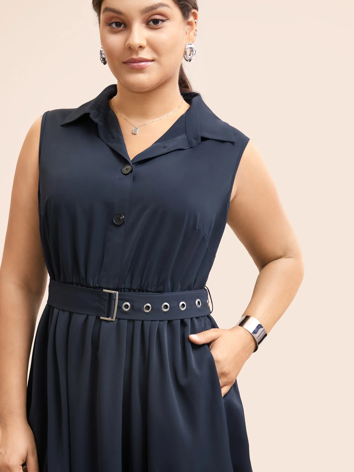 Shirt Collar Gathered Sleeveless Belted Dress sold by Bloomchic product image thumbnail 4