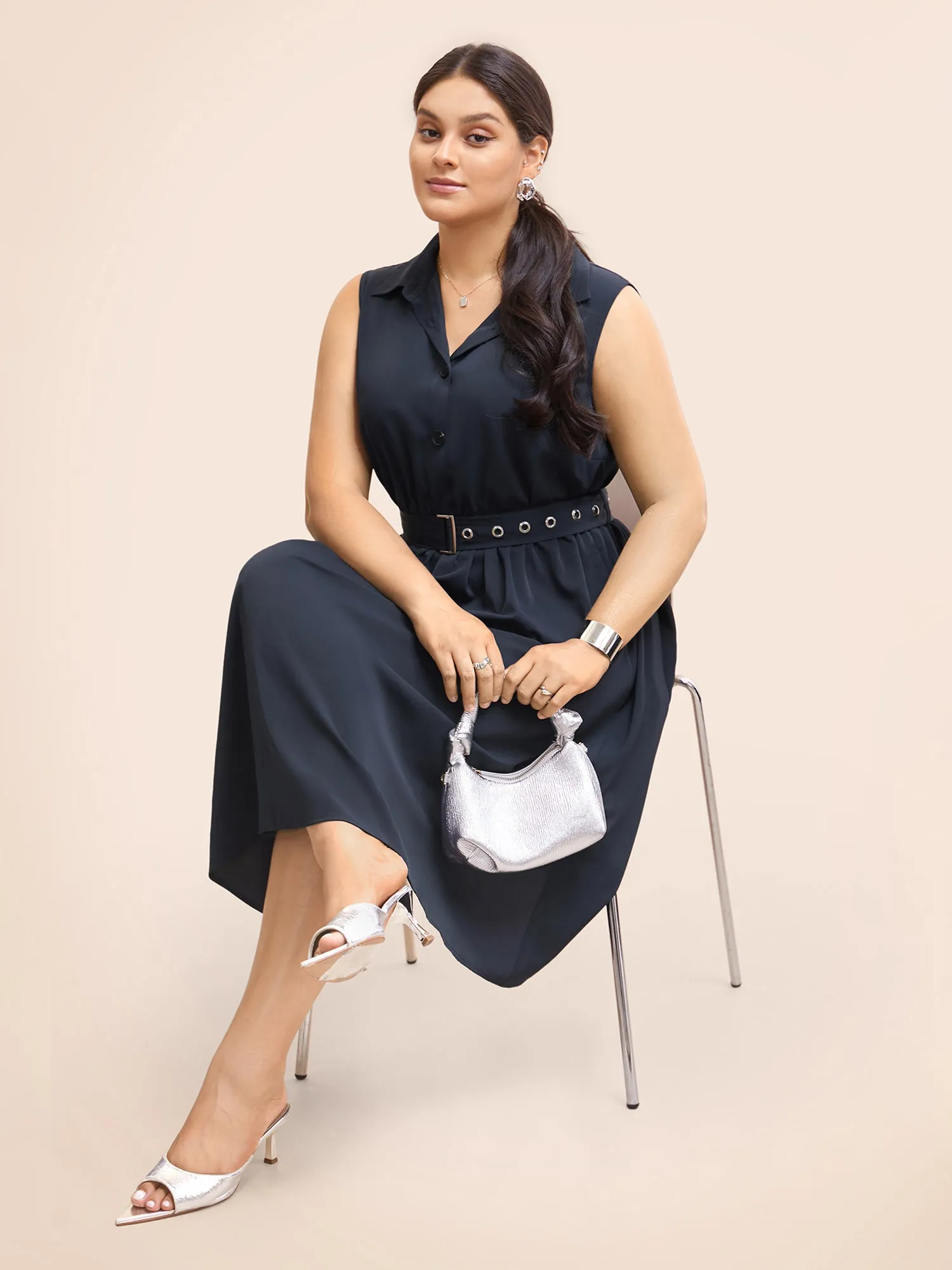 Shirt Collar Gathered Sleeveless Belted Dress sold by Bloomchic product image thumbnail 2