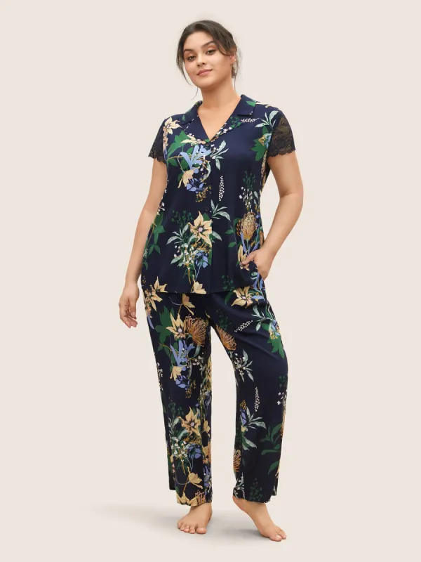 Shirt Collar Floral Lace Panel Sleep Top sold by Bloomchic