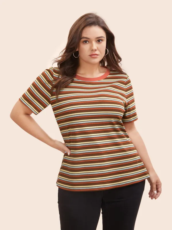 Round Neck Texture Contrast Striped T-shirt sold by Bloomchic