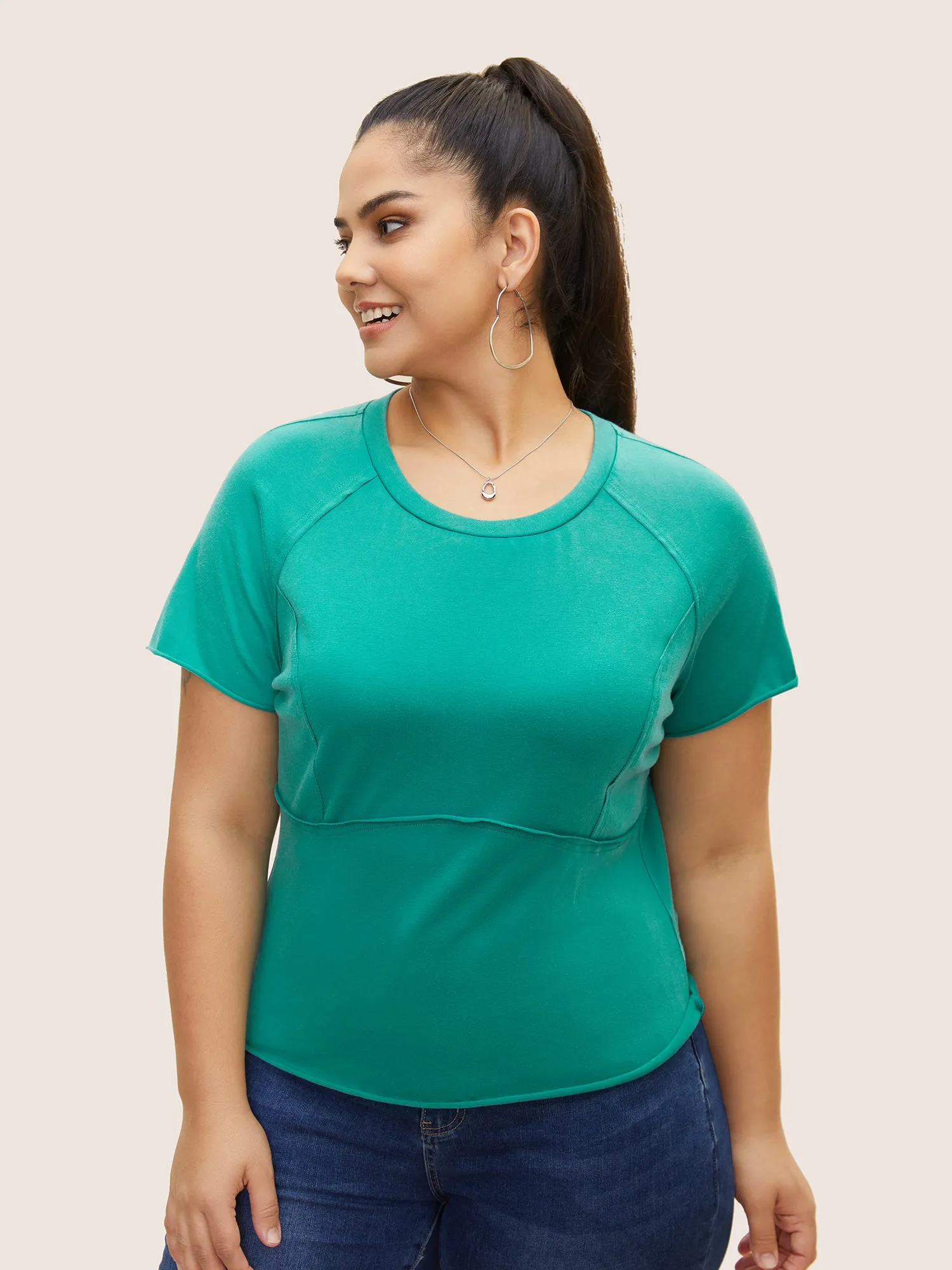 Round Neck Pleated Raglan Sleeve T-shirt sold by Bloomchic