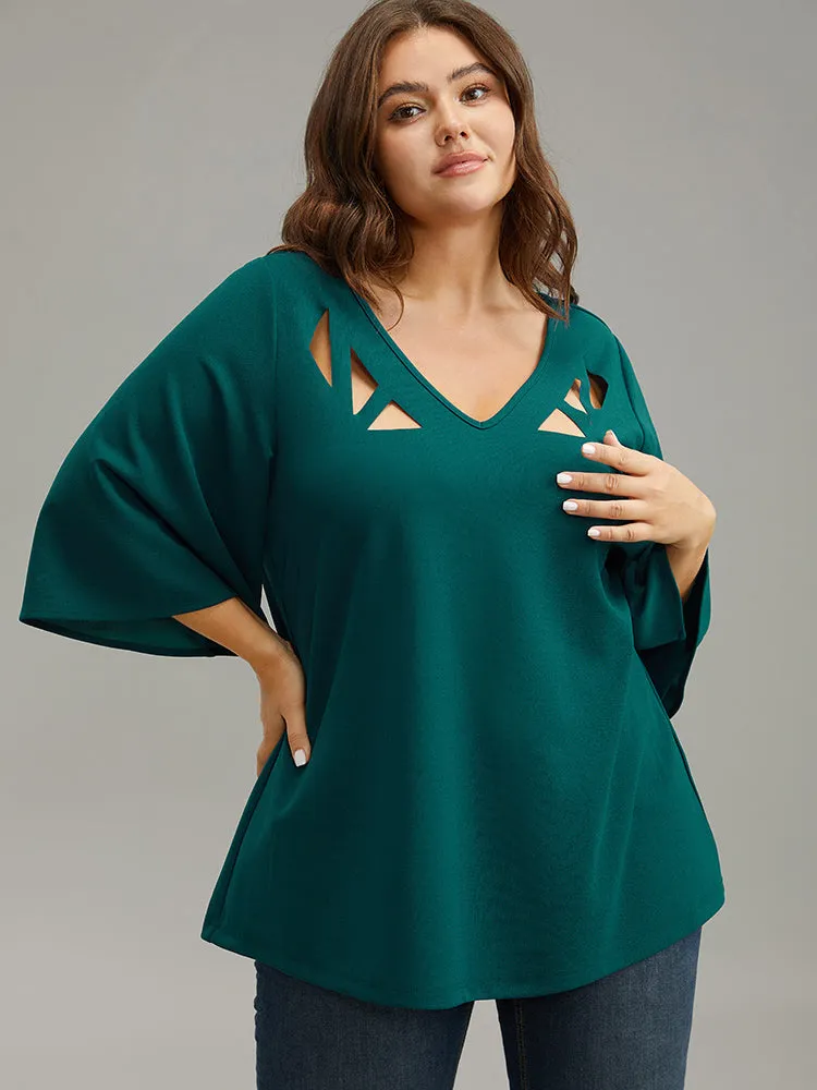 Solid Laser Cut Ruffle Sleeve T-shirt sold by Bloomchic