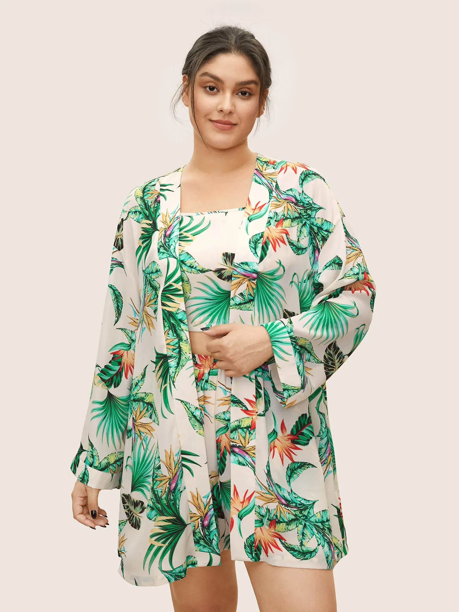 Tropical Print Contrast Open Front Robe sold by Bloomchic