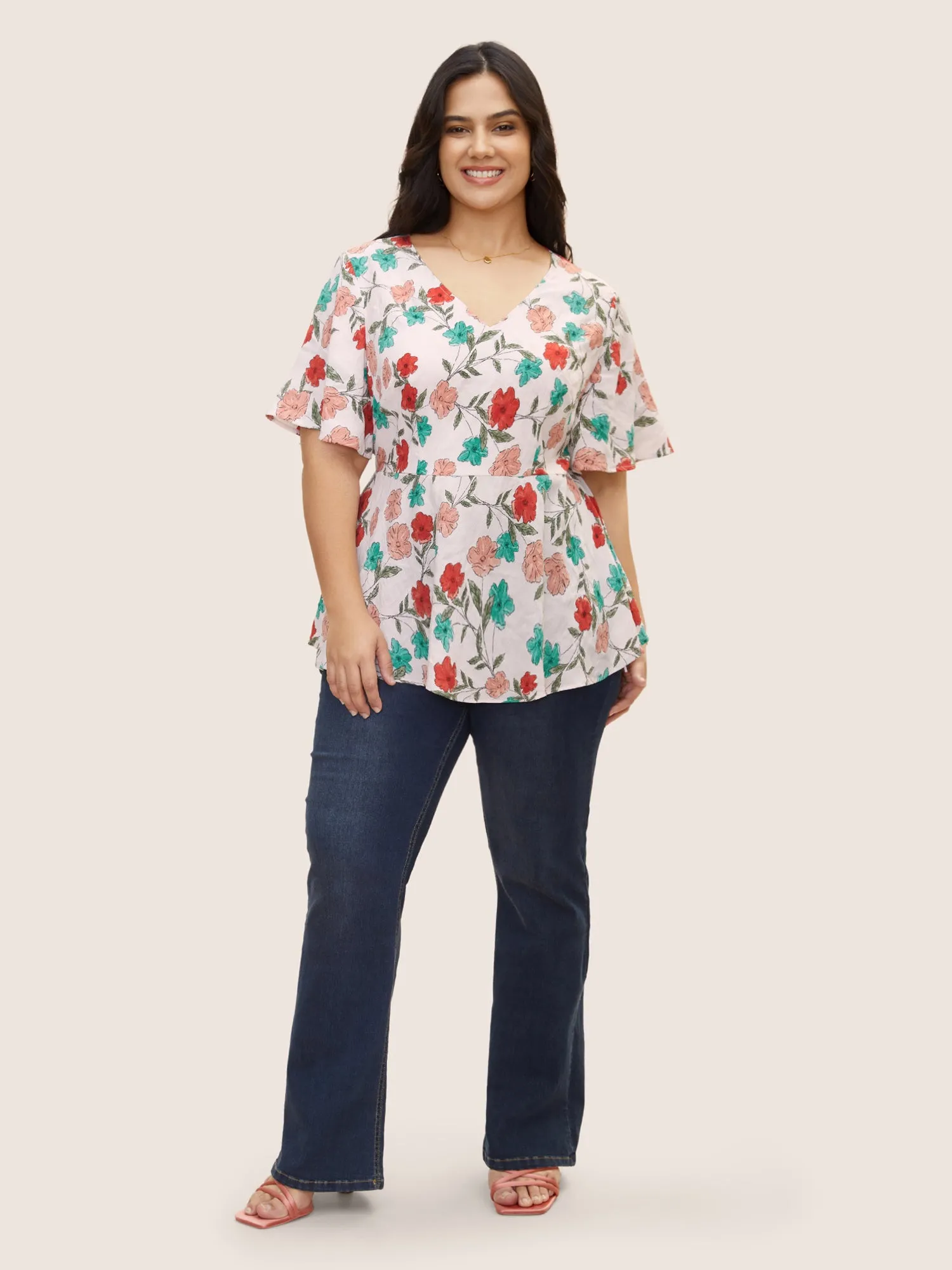 V Neck Floral Print Ruffle Sleeve Blouse sold by Bloomchic product image thumbnail 2