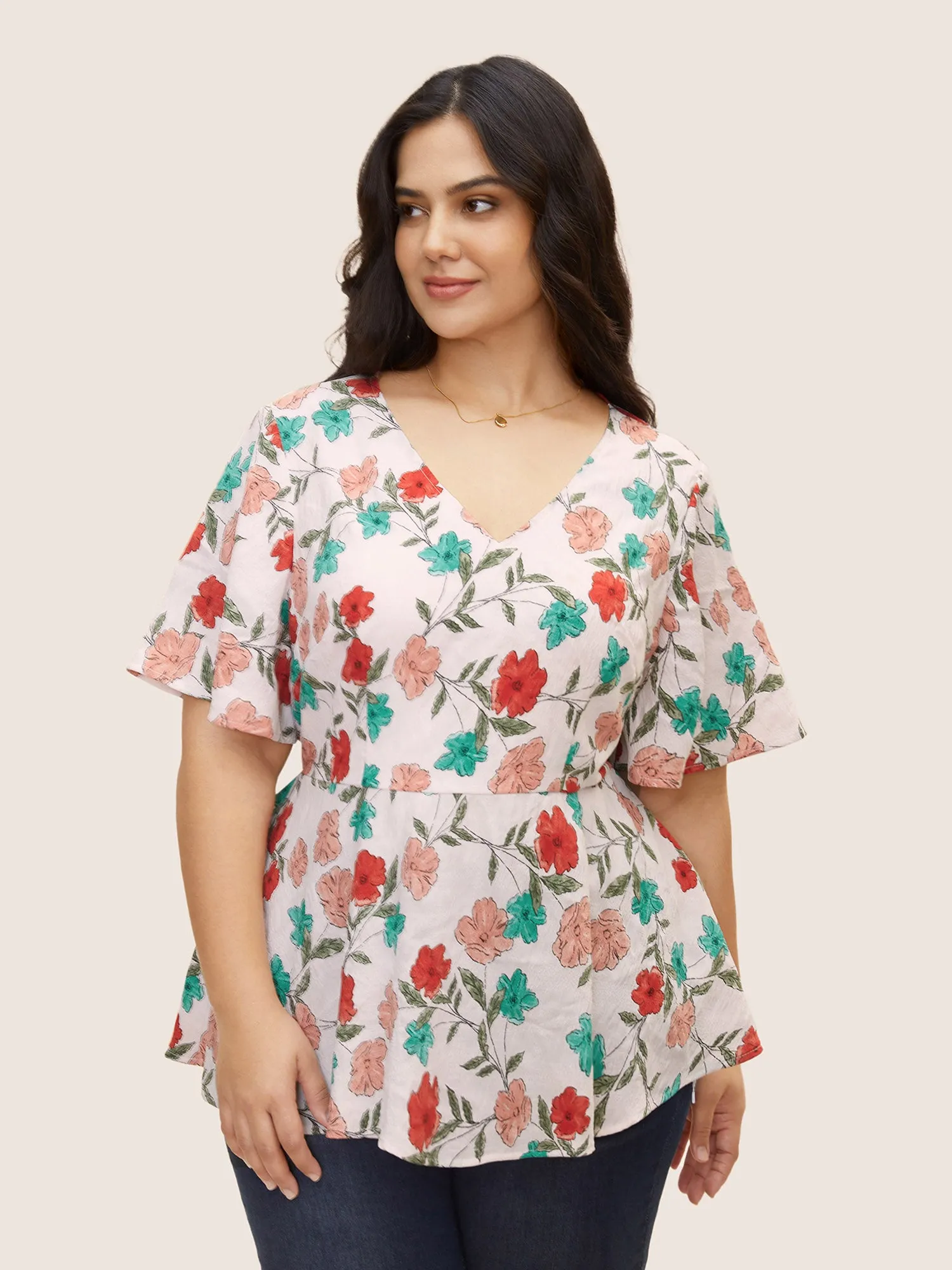 V Neck Floral Print Ruffle Sleeve Blouse sold by Bloomchic