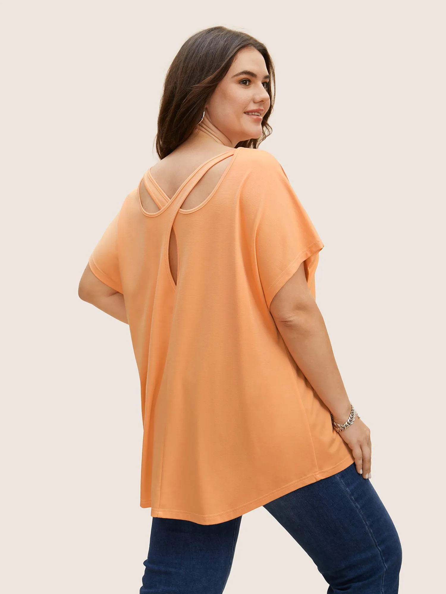 Solid Boat Neck Cut Out Dolman Sleeve T-shirt sold by Bloomchic
