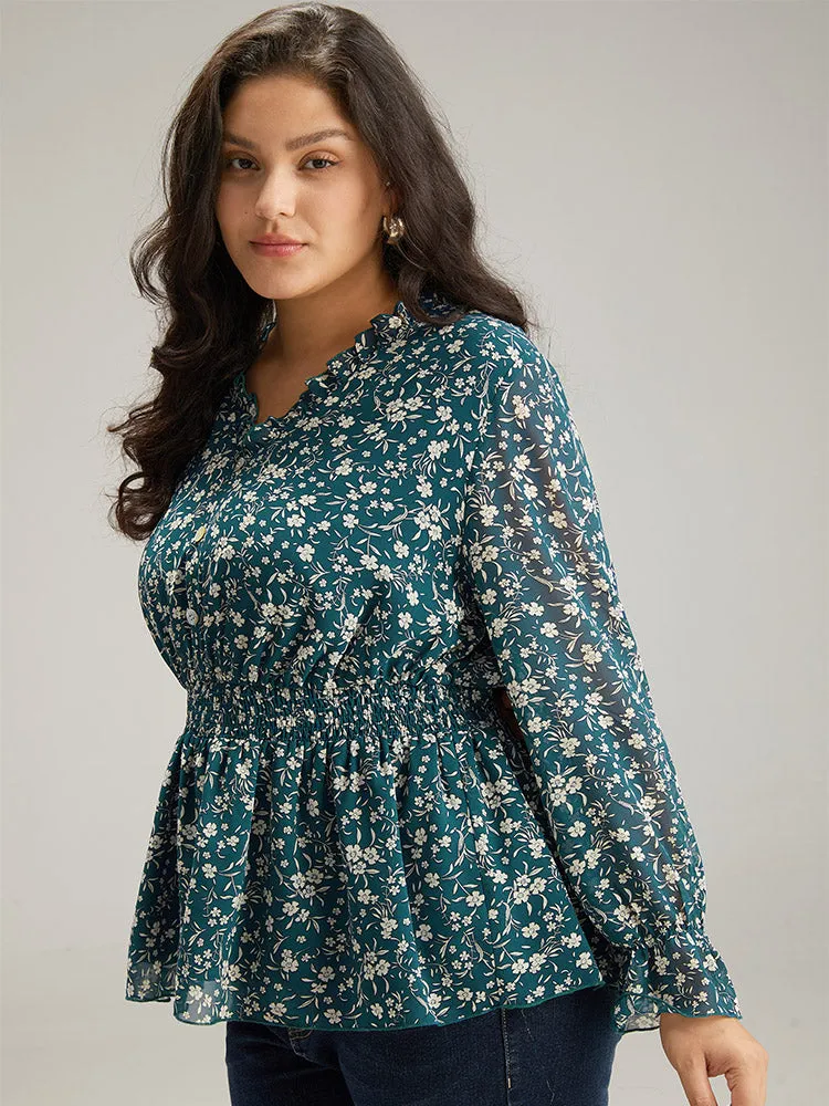 Ditsy Floral Chiffon Shirred Ruffles Frill Trim Blouse sold by Bloomchic product image thumbnail 4