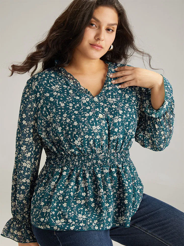 Ditsy Floral Chiffon Shirred Ruffles Frill Trim Blouse sold by Bloomchic