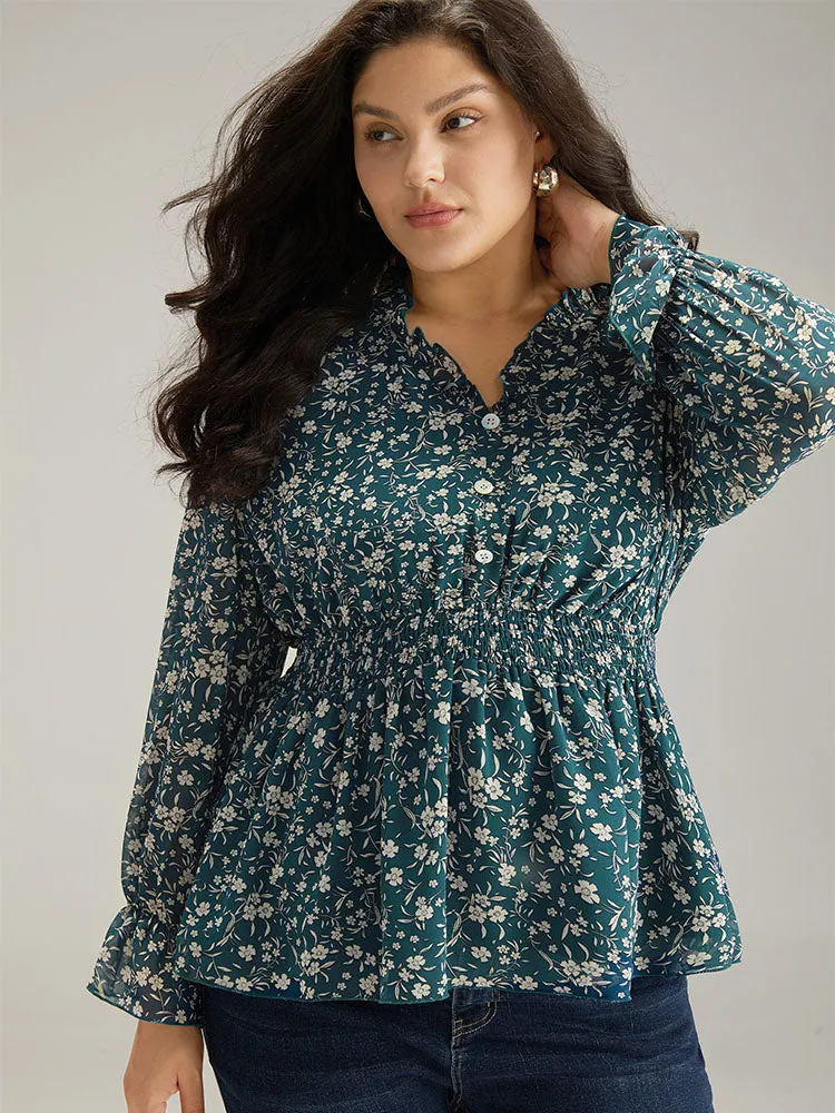Ditsy Floral Chiffon Shirred Ruffles Frill Trim Blouse sold by Bloomchic product image thumbnail 2