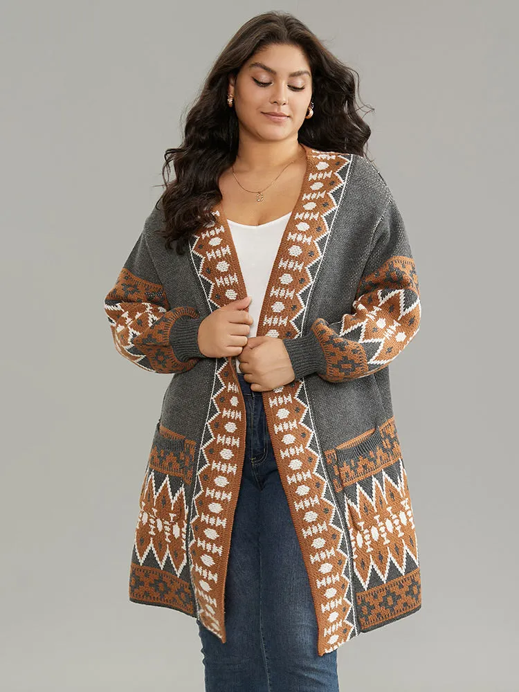 Contrast Geometric Pocket Open Front Cardigan sold by Bloomchic