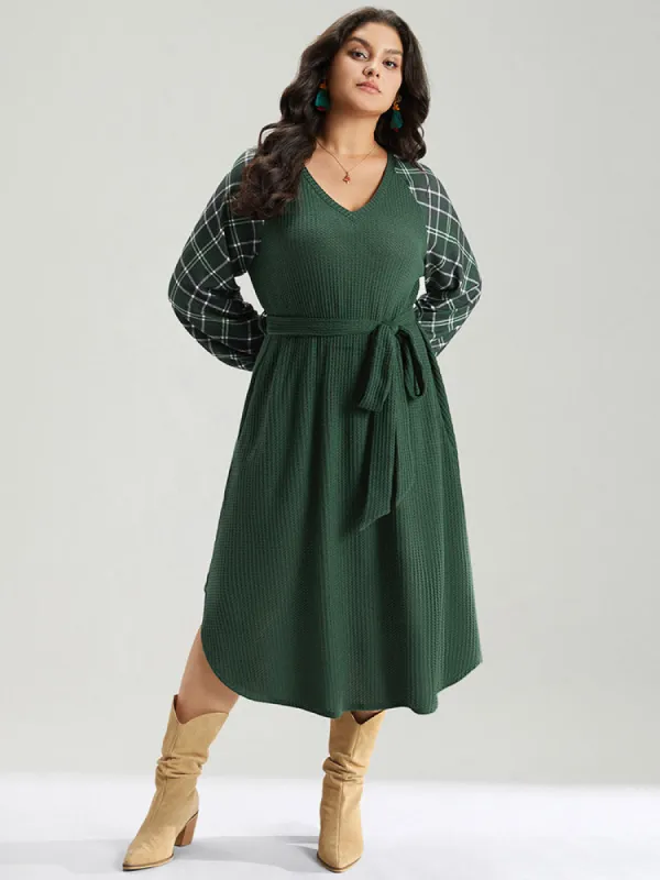 Waffle Knit Plaid Patchwork Belted Dress sold by Bloomchic