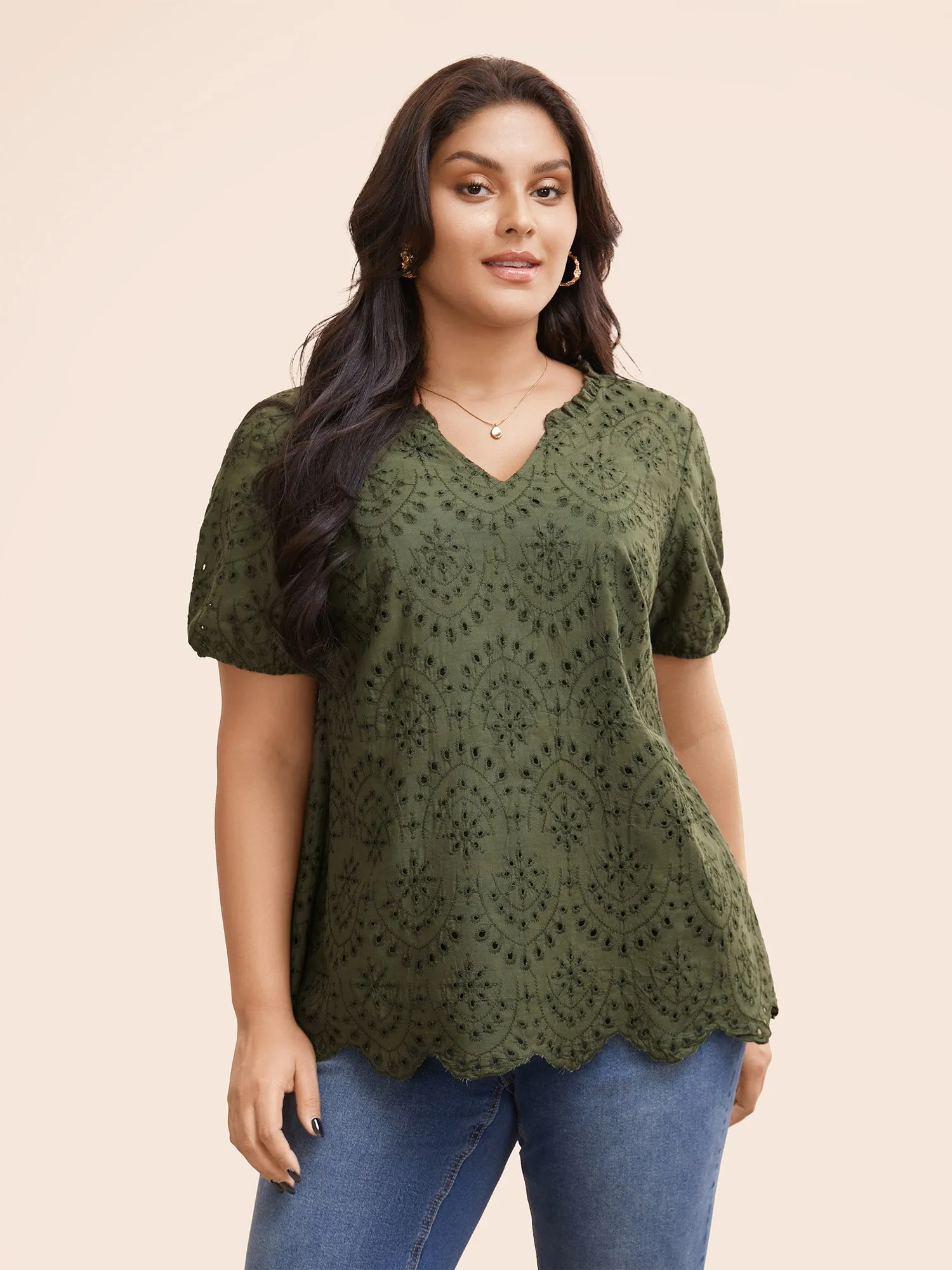 Notched Broderie Anglaise Frill Trim Blouse sold by Bloomchic