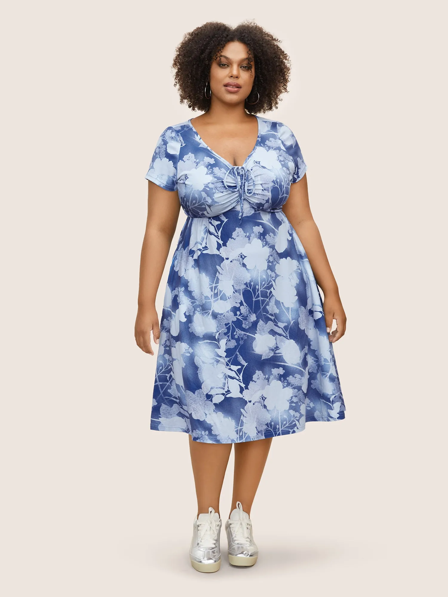 V Neck Floral Drawstring Pocket Dress sold by Bloomchic