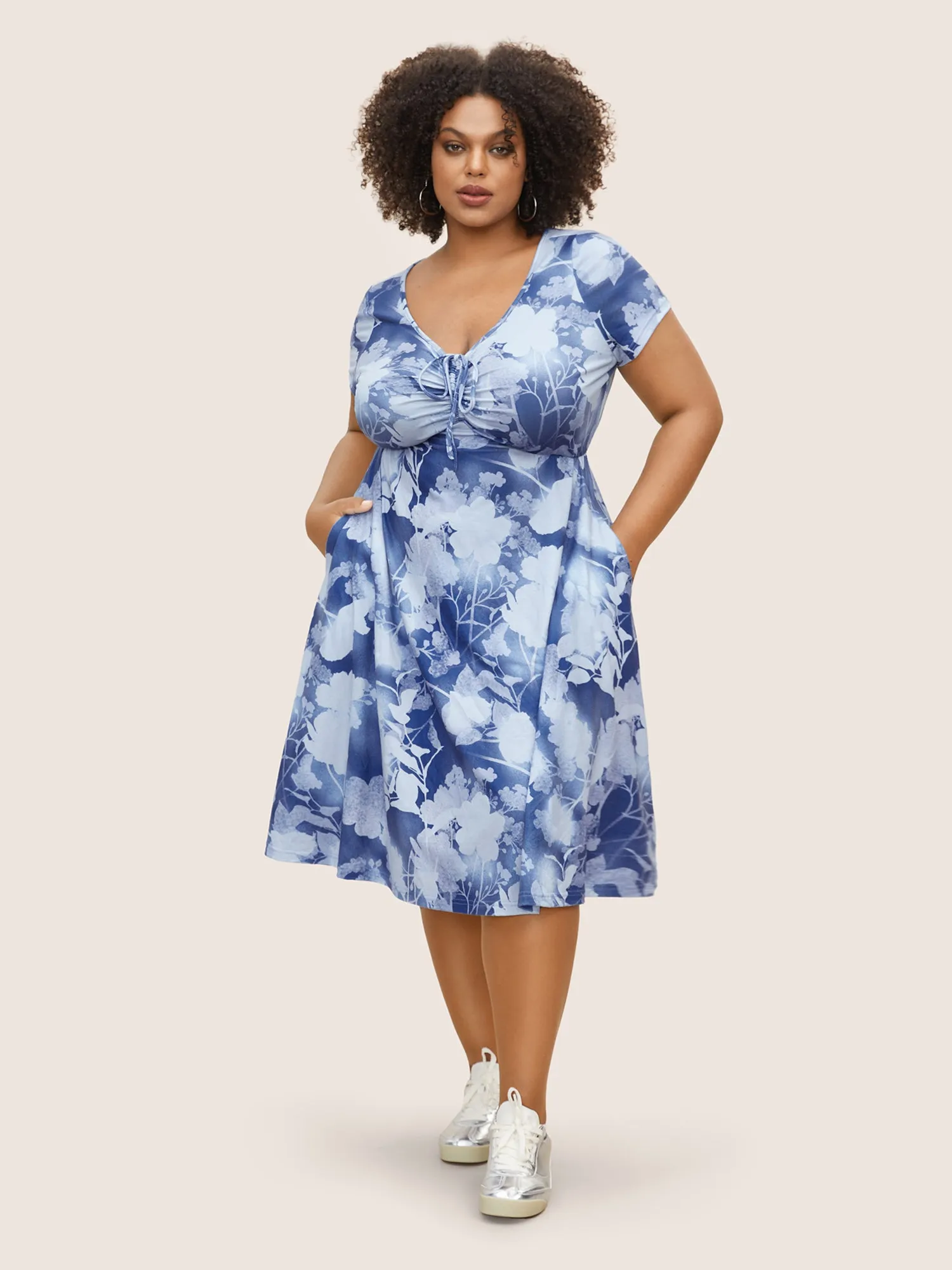 V Neck Floral Drawstring Pocket Dress sold by Bloomchic product image thumbnail 3
