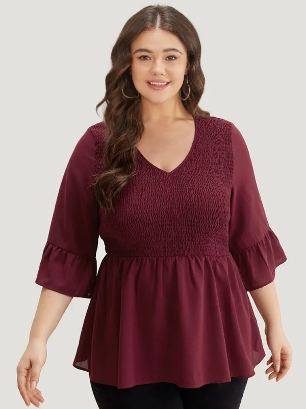 Plain Shirred Patchwork Ruffle Trim V Neck Blouse sold by Bloomchic