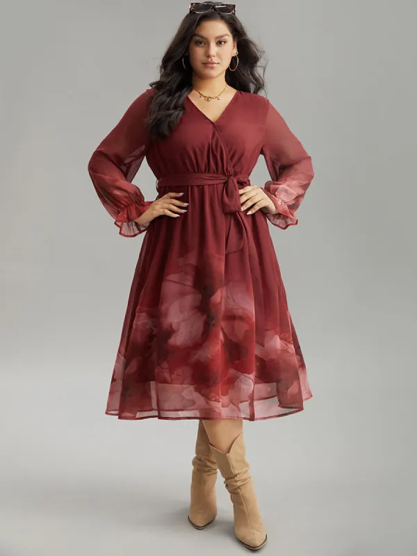 Floral Mesh V Neck Belted Dress sold by Bloomchic