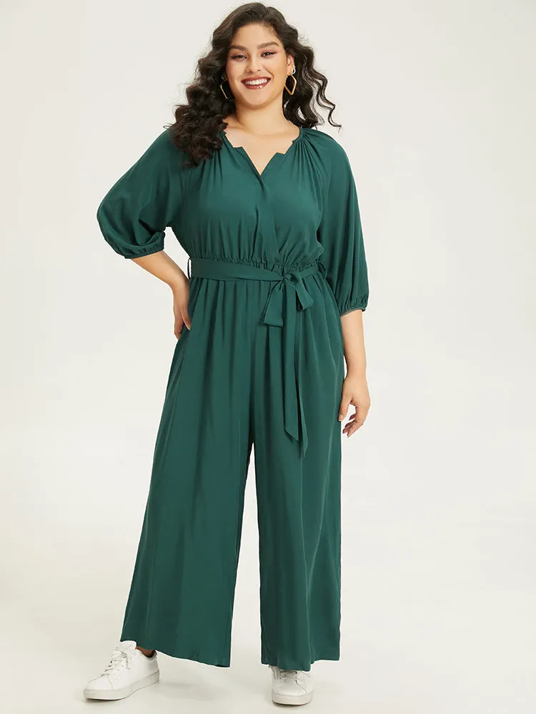 Plain Notched Belted Gathered Lantern Sleeve Jumpsuit sold by Bloomchic