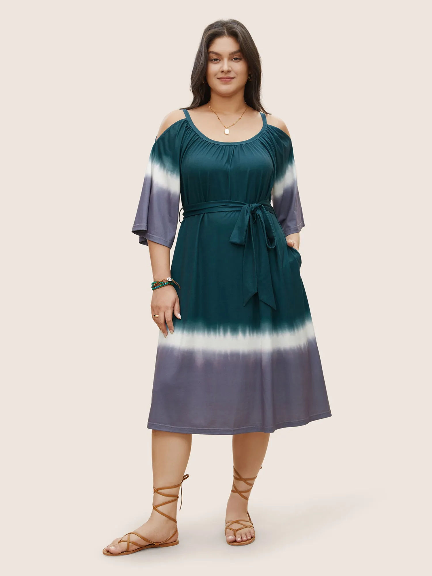 Tie Dye Gathered Cold Shoulder Belted Dress sold by Bloomchic product image thumbnail 3