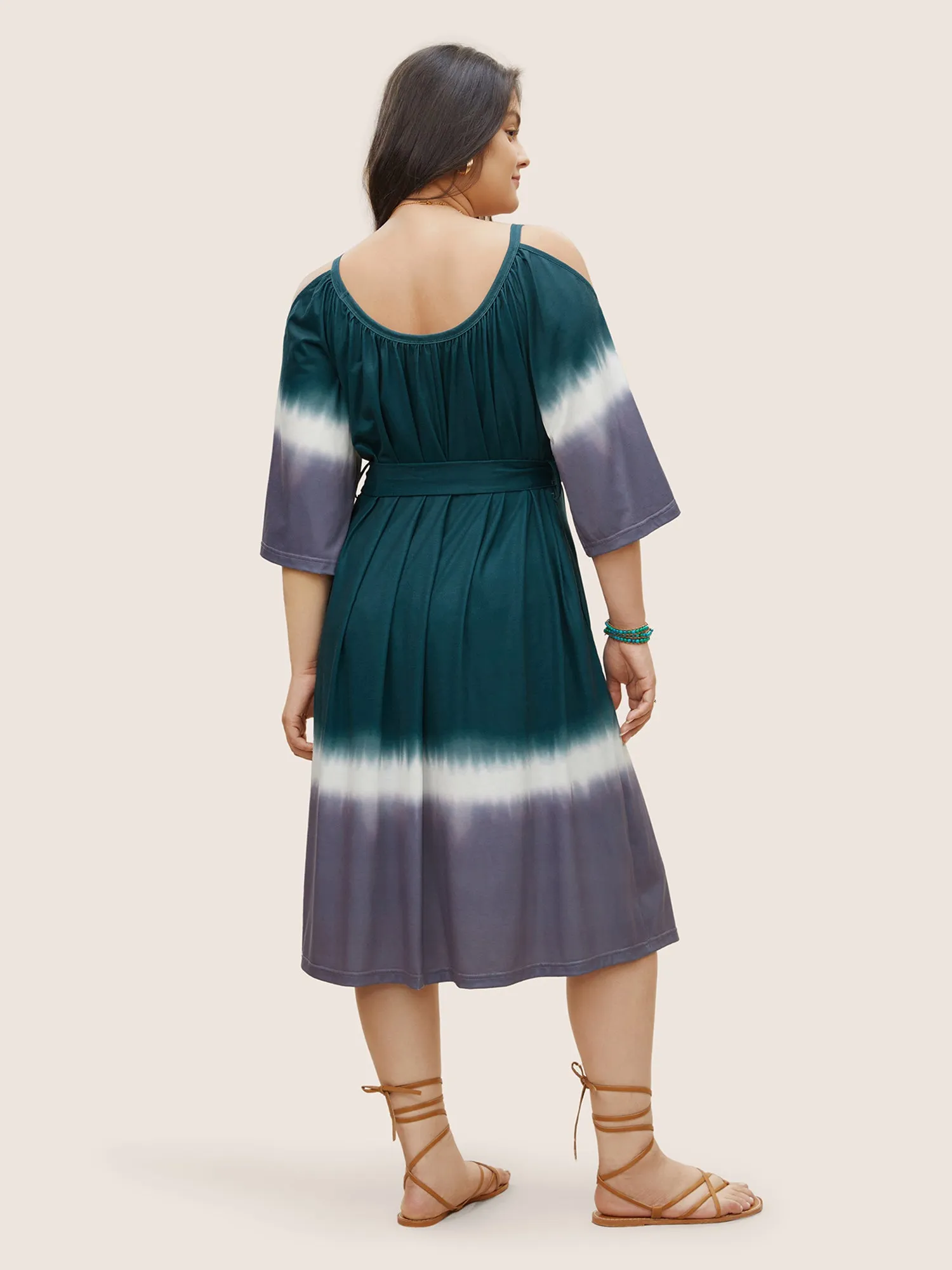 Tie Dye Gathered Cold Shoulder Belted Dress sold by Bloomchic product image thumbnail 4