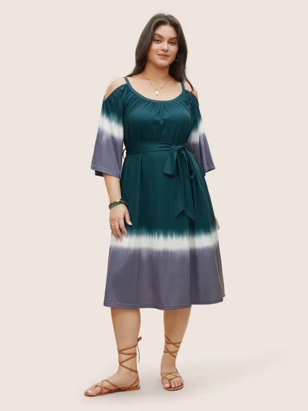 Tie Dye Gathered Cold Shoulder Belted Dress sold by Bloomchic