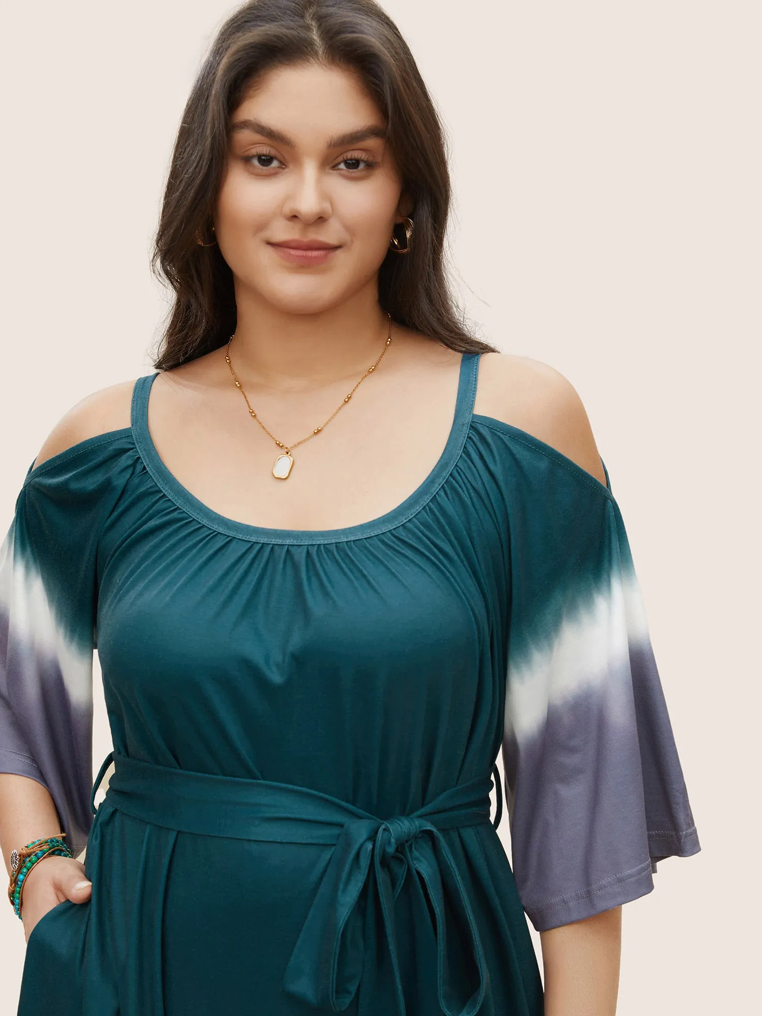 Tie Dye Gathered Cold Shoulder Belted Dress sold by Bloomchic product image thumbnail 2