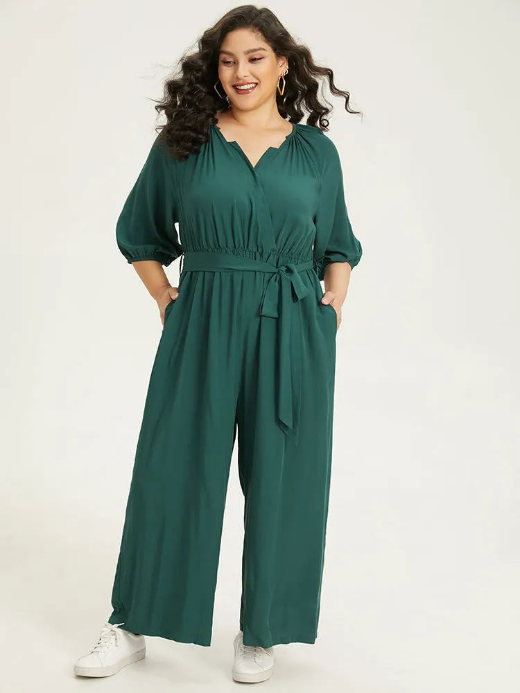 Plain Notched Belted Gathered Lantern Sleeve Jumpsuit sold by Bloomchic product image thumbnail 4