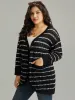 Striped Eyelet Curved Hem Patched Pocket Cardigan sold by Bloomchic