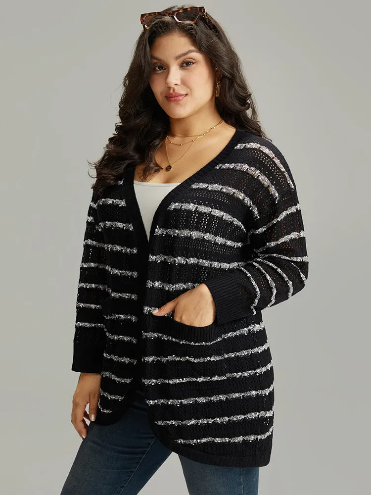 Striped Eyelet Curved Hem Patched Pocket Cardigan sold by Bloomchic product image thumbnail 4