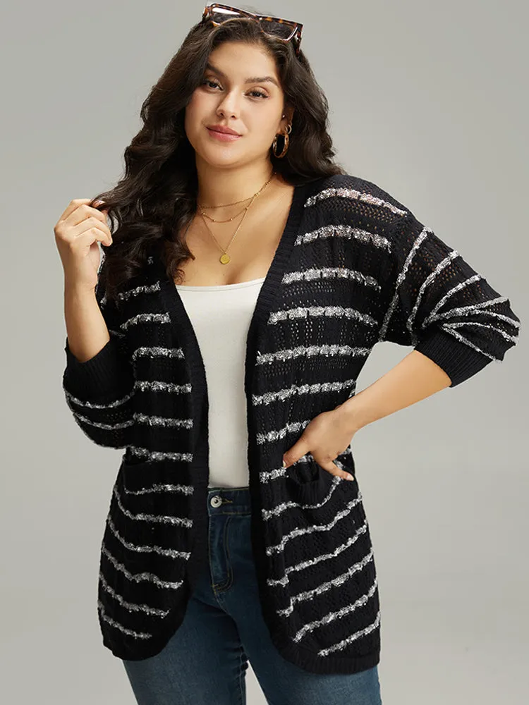 Striped Eyelet Curved Hem Patched Pocket Cardigan sold by Bloomchic