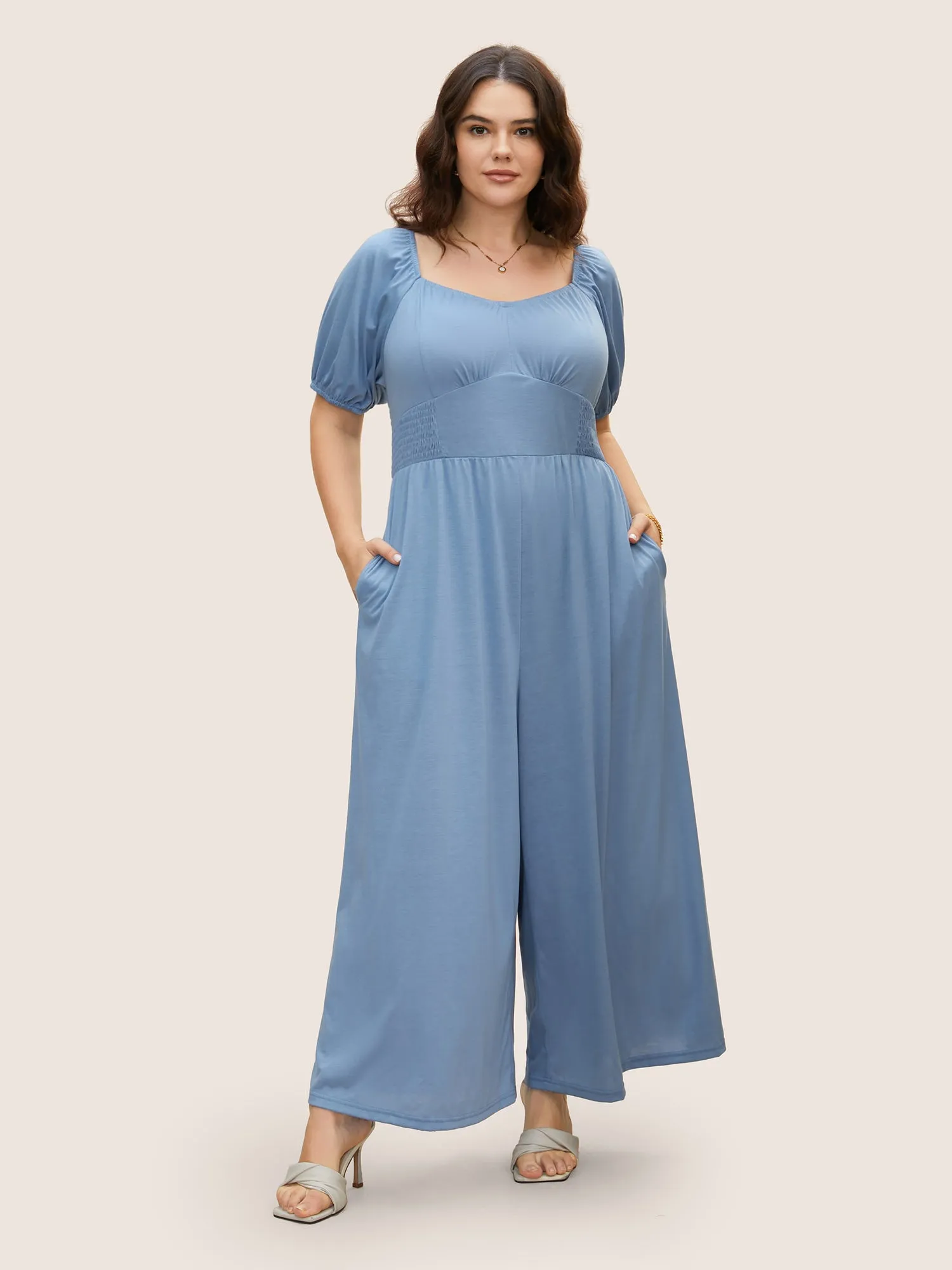Heart Neckline Shirred Gathered Wide Leg Jumpsuit sold by Bloomchic product image thumbnail 2