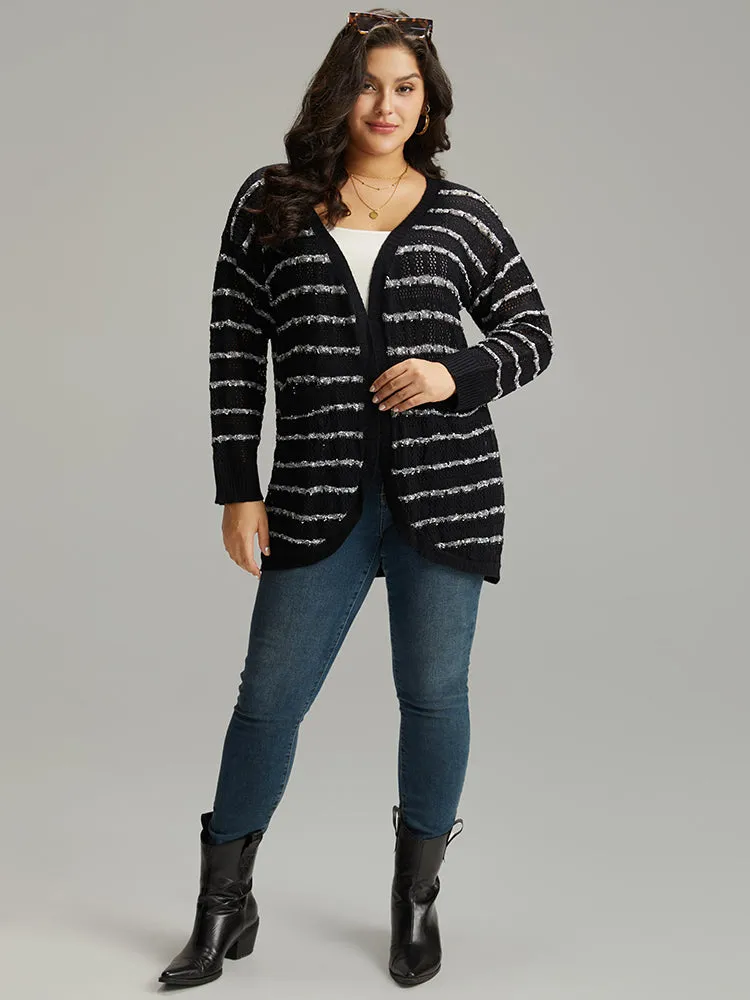 Striped Eyelet Curved Hem Patched Pocket Cardigan sold by Bloomchic product image thumbnail 5