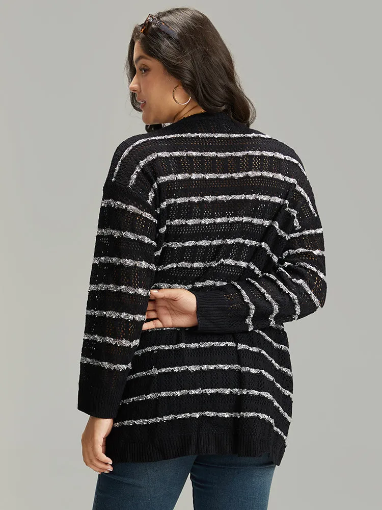 Striped Eyelet Curved Hem Patched Pocket Cardigan sold by Bloomchic product image thumbnail 2